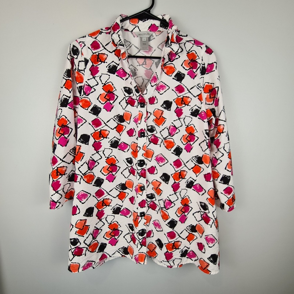 Multiples Tunic Top Blouse Women's S Shirt Button Down Pink Geometric 3/4 Sleeve